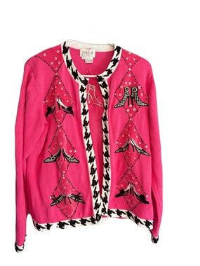 Just B Pink Y2K Shoe Cardigan L Beaded Knit Sequin Houndstooth Maximalist Party